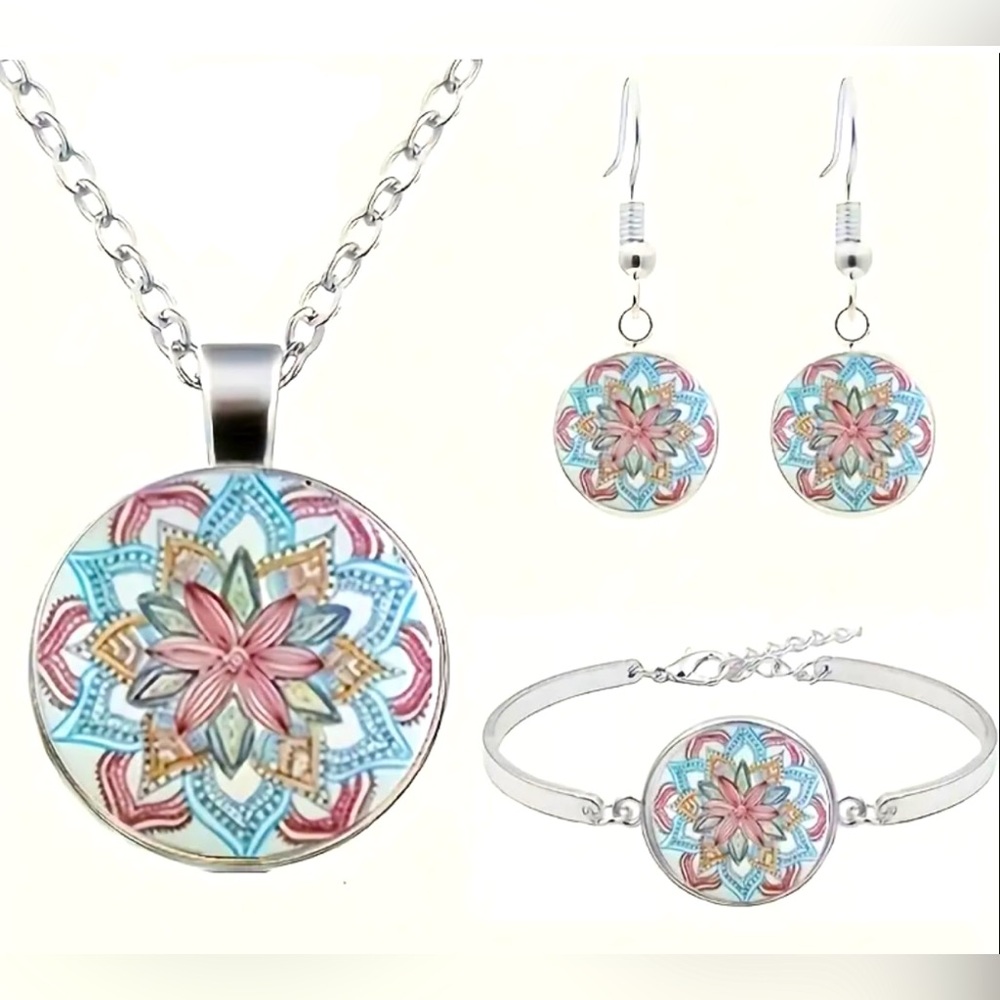 NEW Pink/Blue/Ivory Mandala Floral Cabochon Jewelry Set